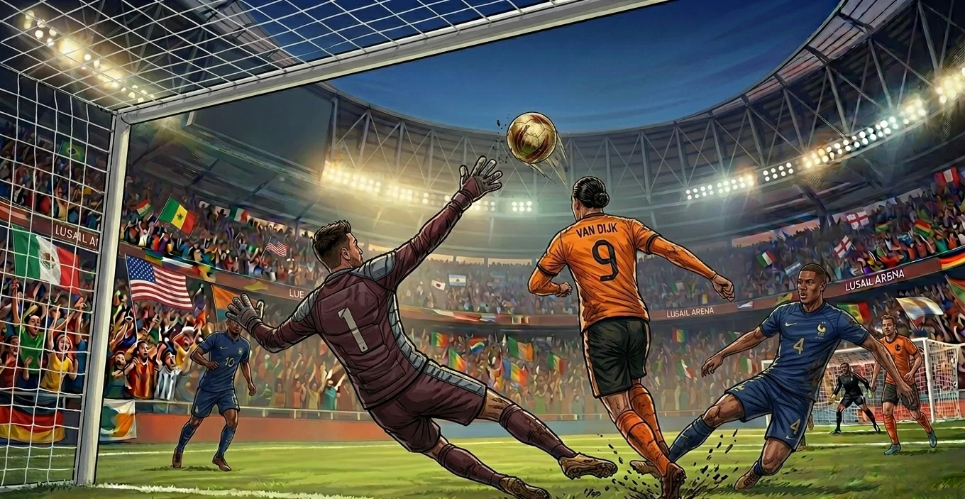 Striker rising to head a ball on goal — the kind of moment that will define FIFA World Cup 2026 teams and players