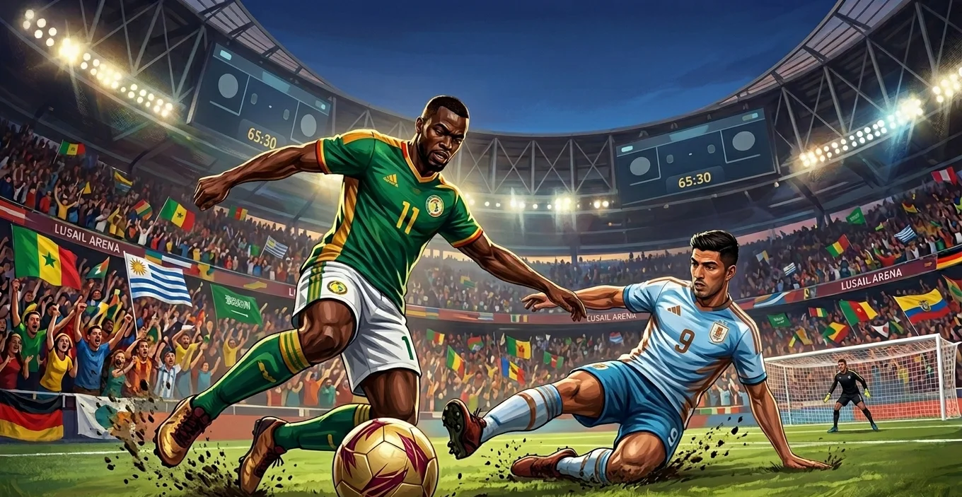 Defender executing a sliding tackle — the kind of moment that defines tight knockout-stage matches in the FIFA World Cup brackets